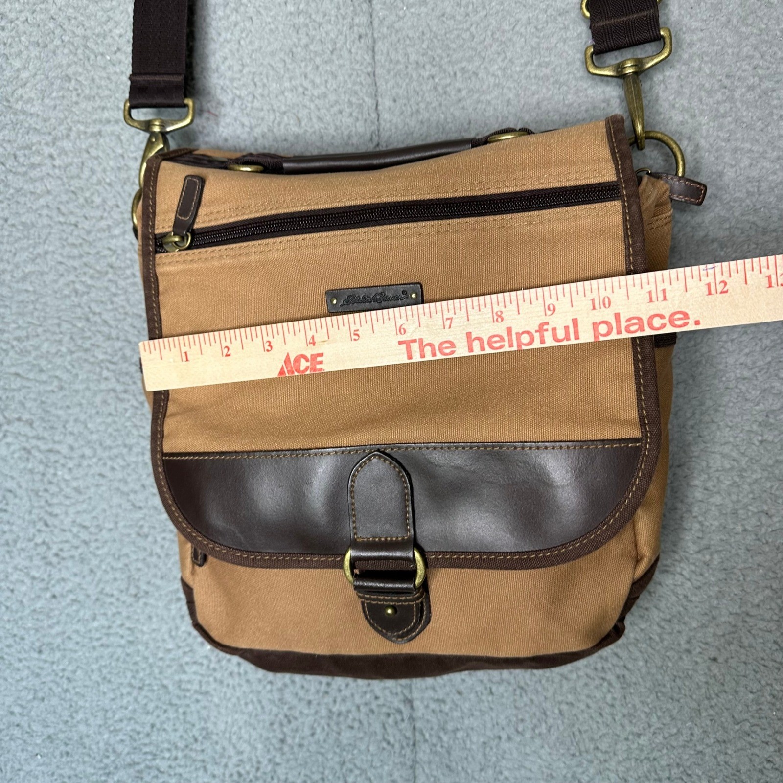 Eddie Bauer Tan Canvas Messenger Bag Brown Crossbody Satchel Brass Hardware