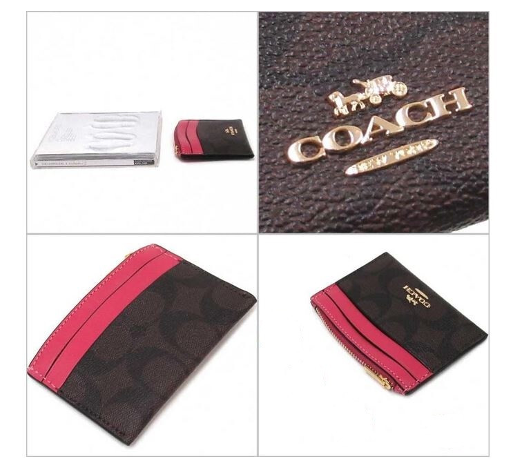 NEW Authentic COACH Signature Coated Canvas Card Case Brown Strawberry C7399