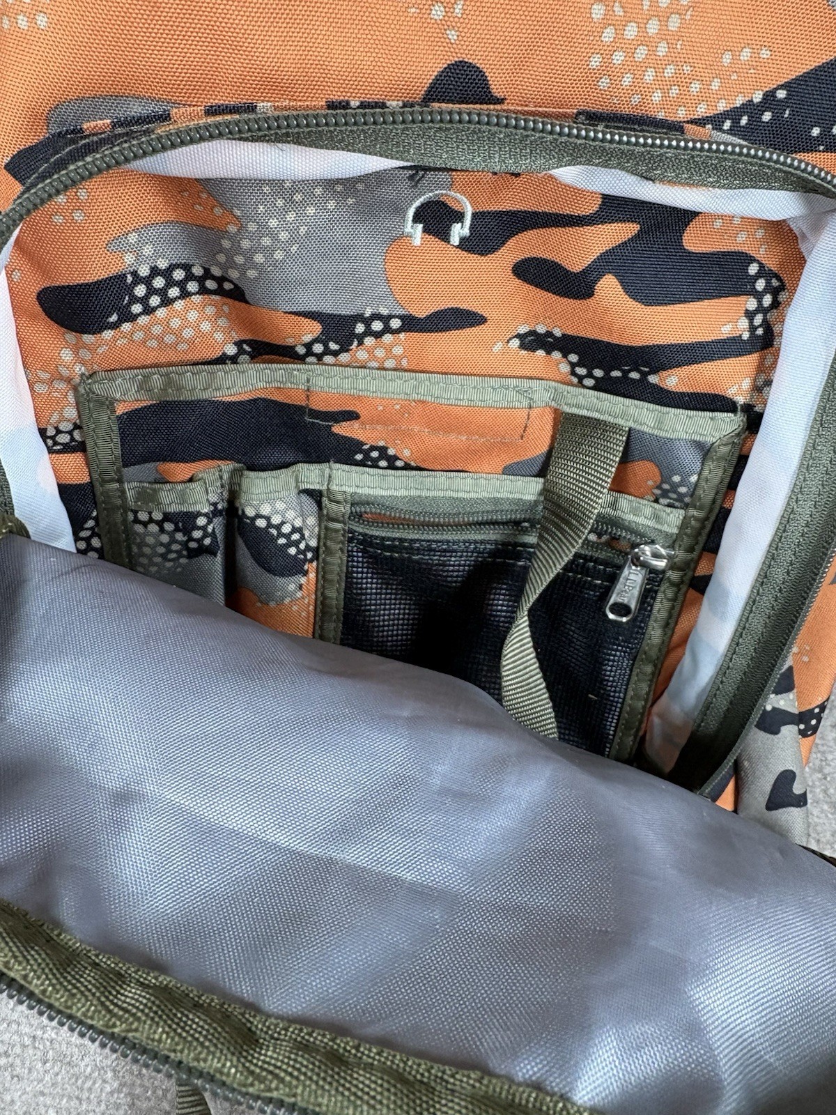 LL Bean Backpack Orange Grey Black Camo Reflective Outdoors School Item #236564