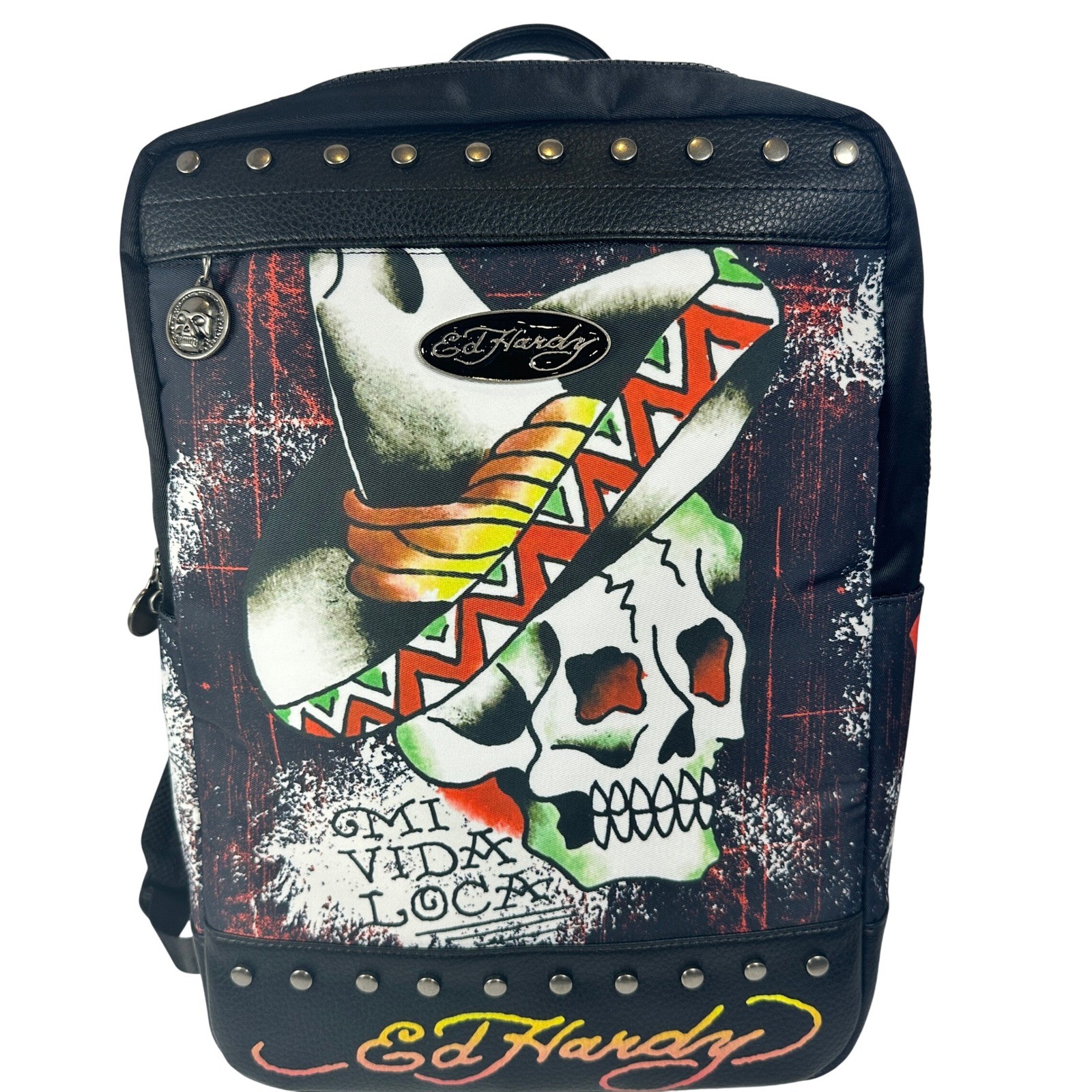 Ed Hardy Backpack Mens OS Black Mi Vida Loca Skull Studded Tattoo Graphic Bag