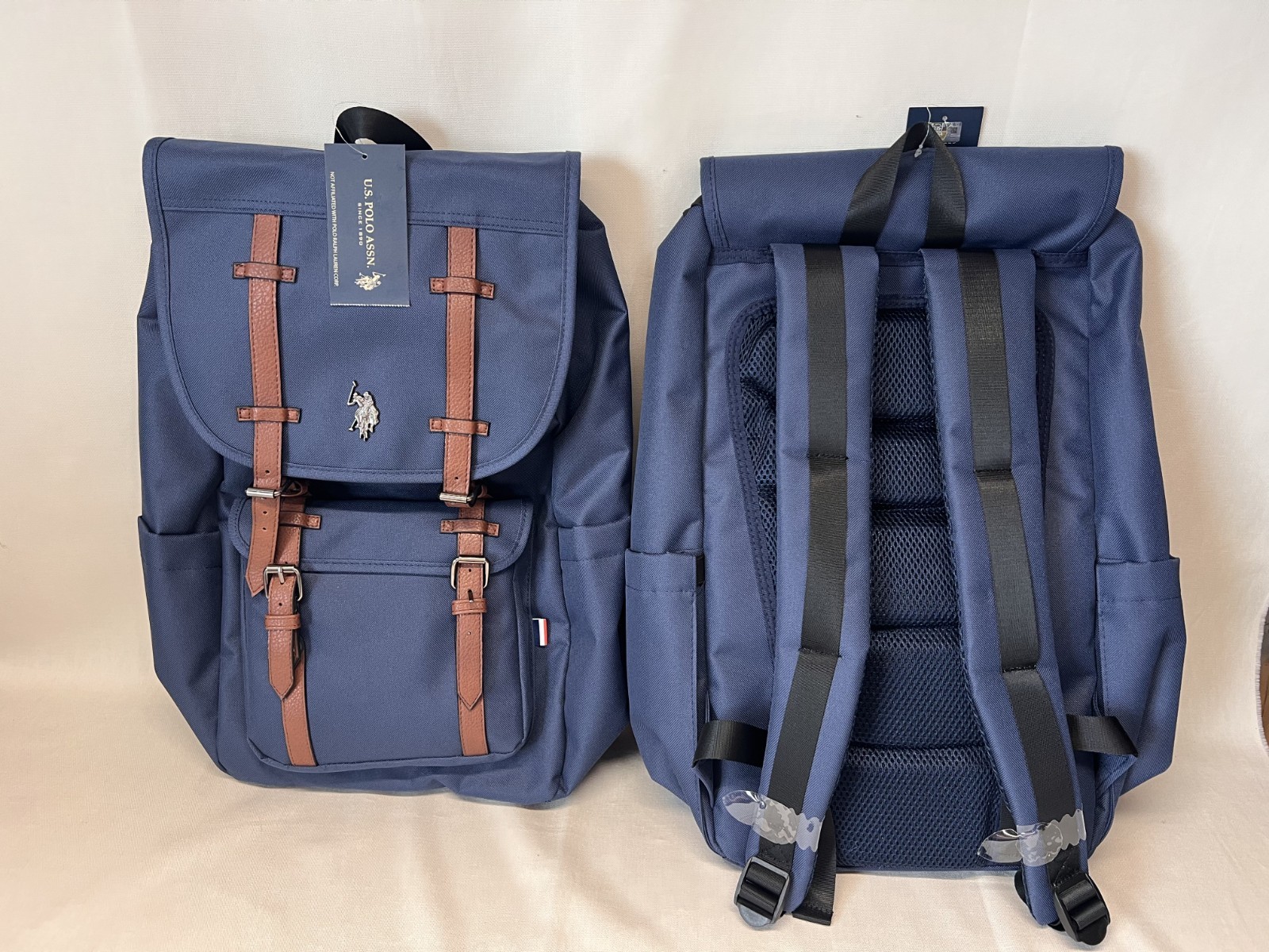 U.S. POLO ASSN. Unisex Top Loader Flap Backpack Navy Blue Water Resistant Travel