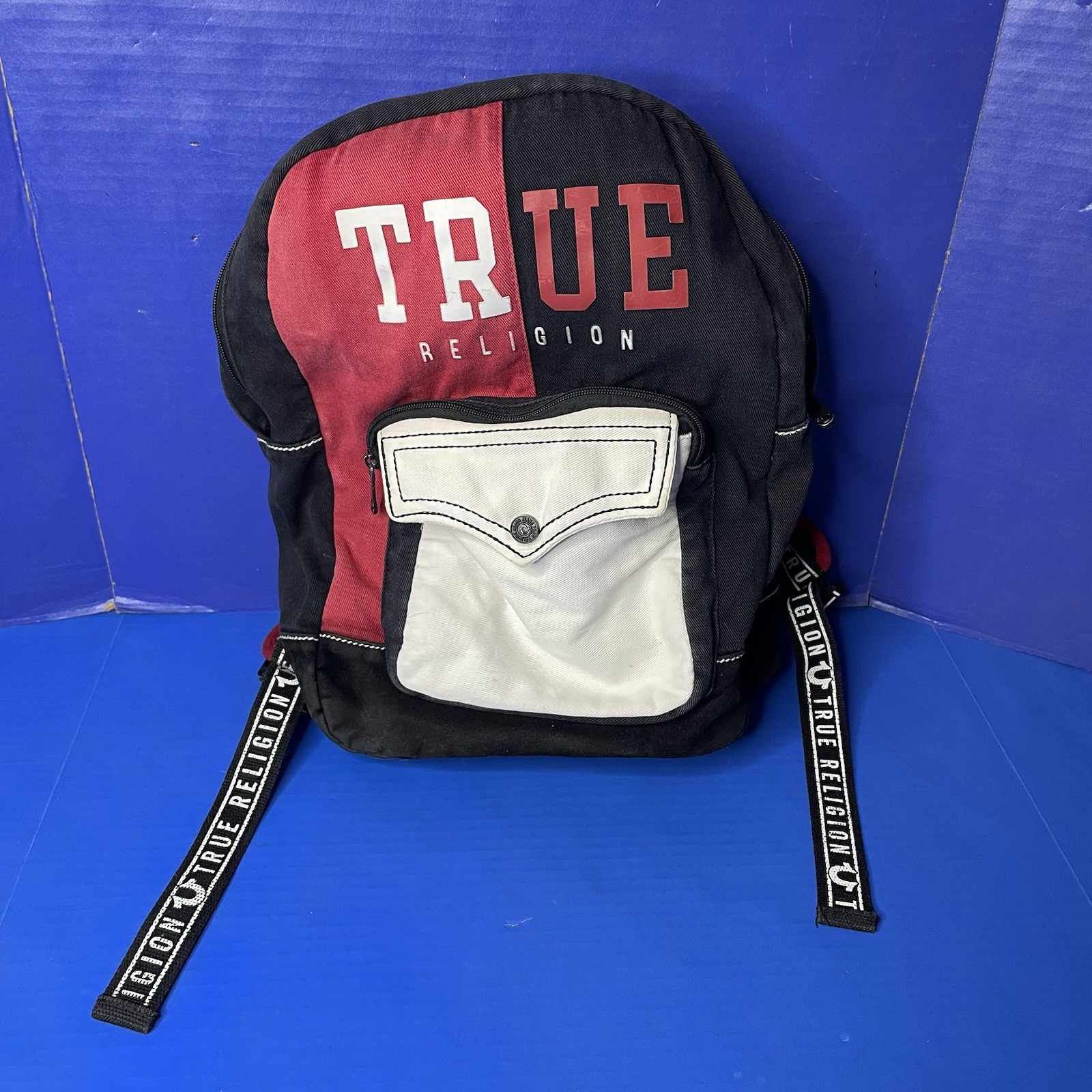 True Religion Black Red White Logo Backpack Book Bag Color Block