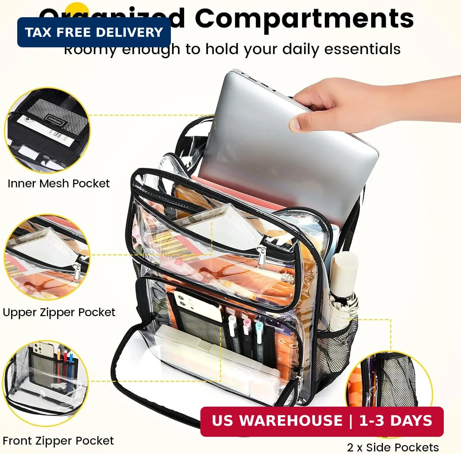 Vorspack Clear Backpack Heavy Duty – Large See Through Bookbag for Girls Boys, T