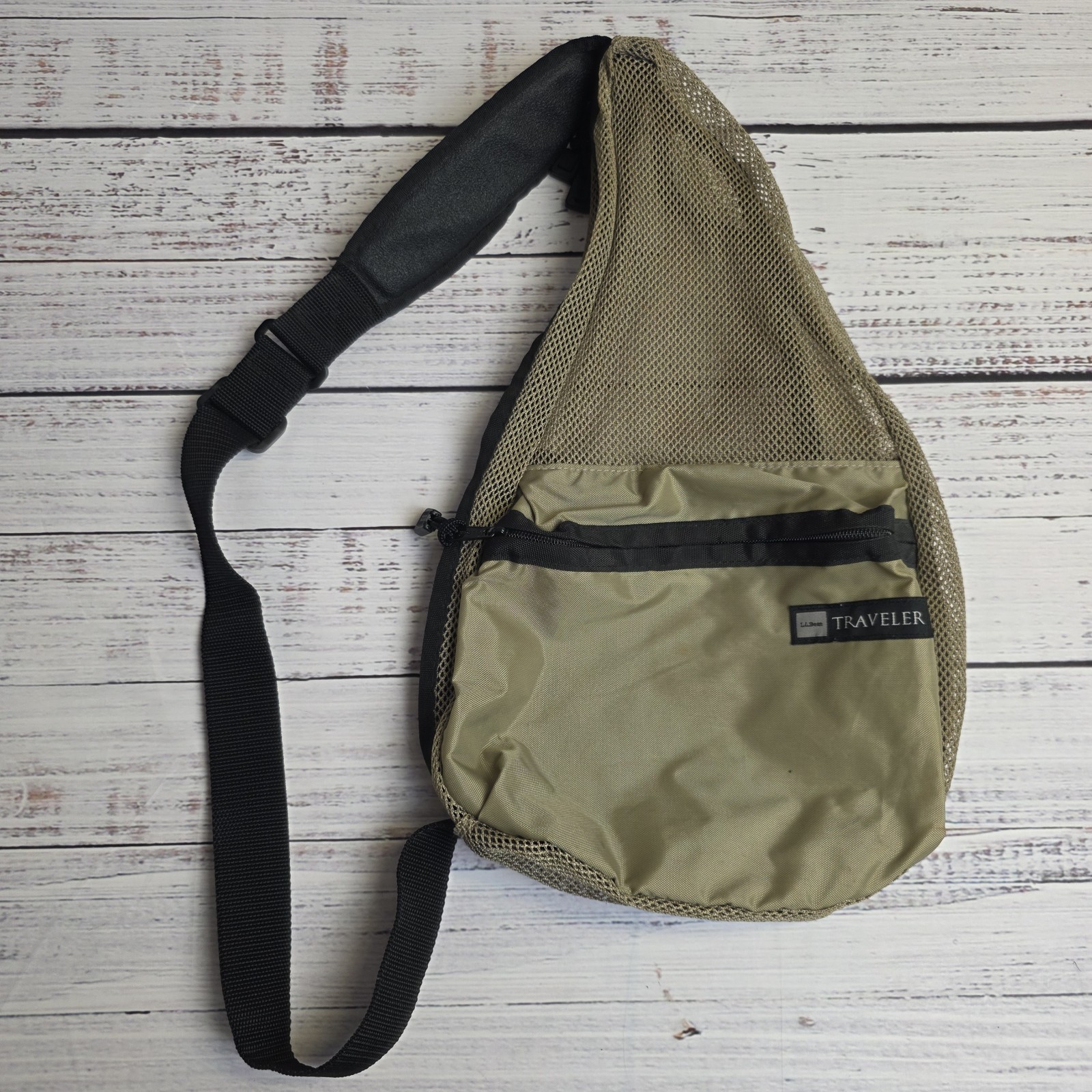 LL Bean Traveler Over The Shoulder Sling Backpack Beige Mesh 2 Zip Compartments