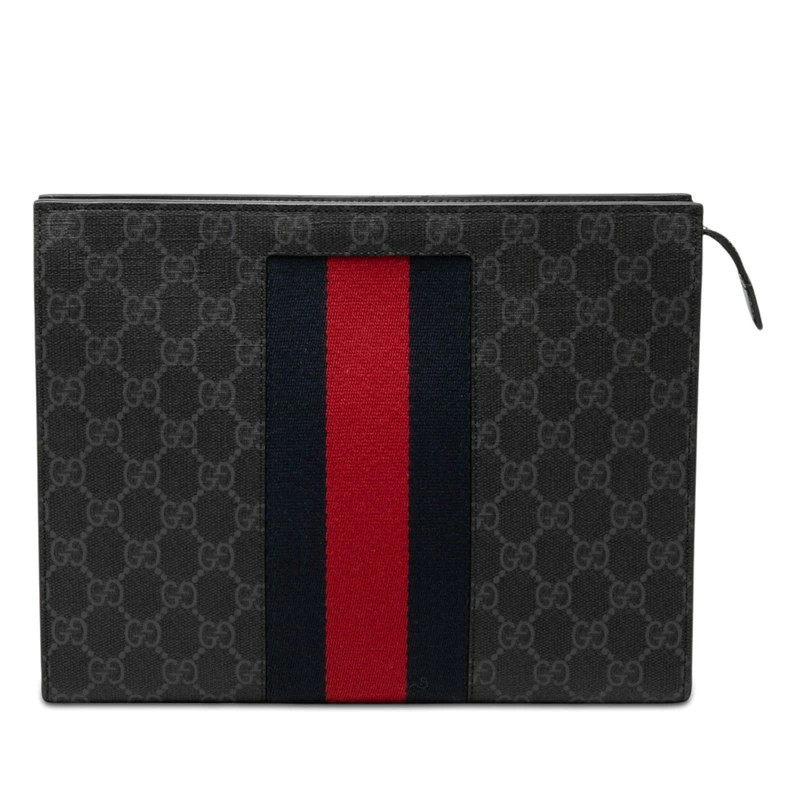 Gucci GG Supreme Web Sherry Line Clutch Bag 475316 Black PVC Leather
