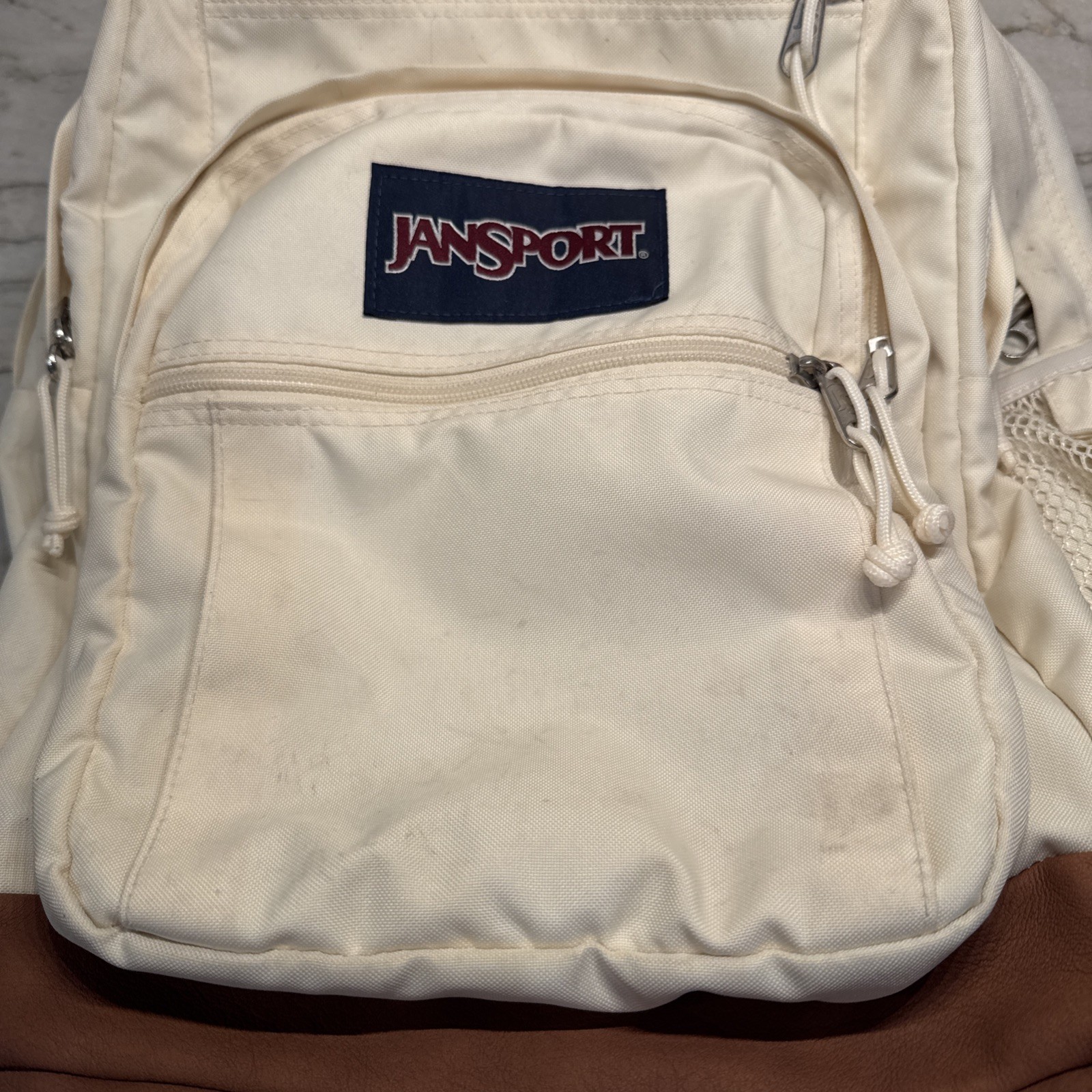 Jansport USA School Backpack Book Bag Brown Leather Bottom Ivory Back To School