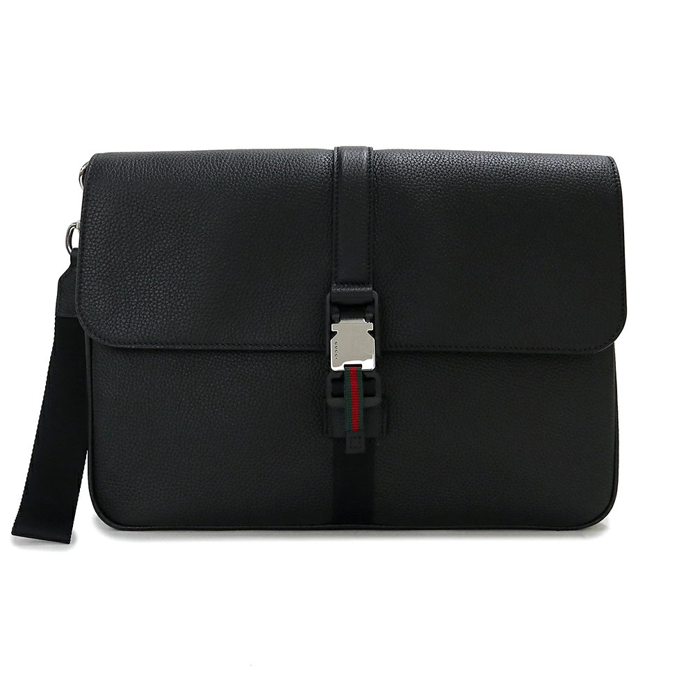 Gucci i I Web Stripe Medium Clutch Bag Soft in Leather Black 816755 r1_0629