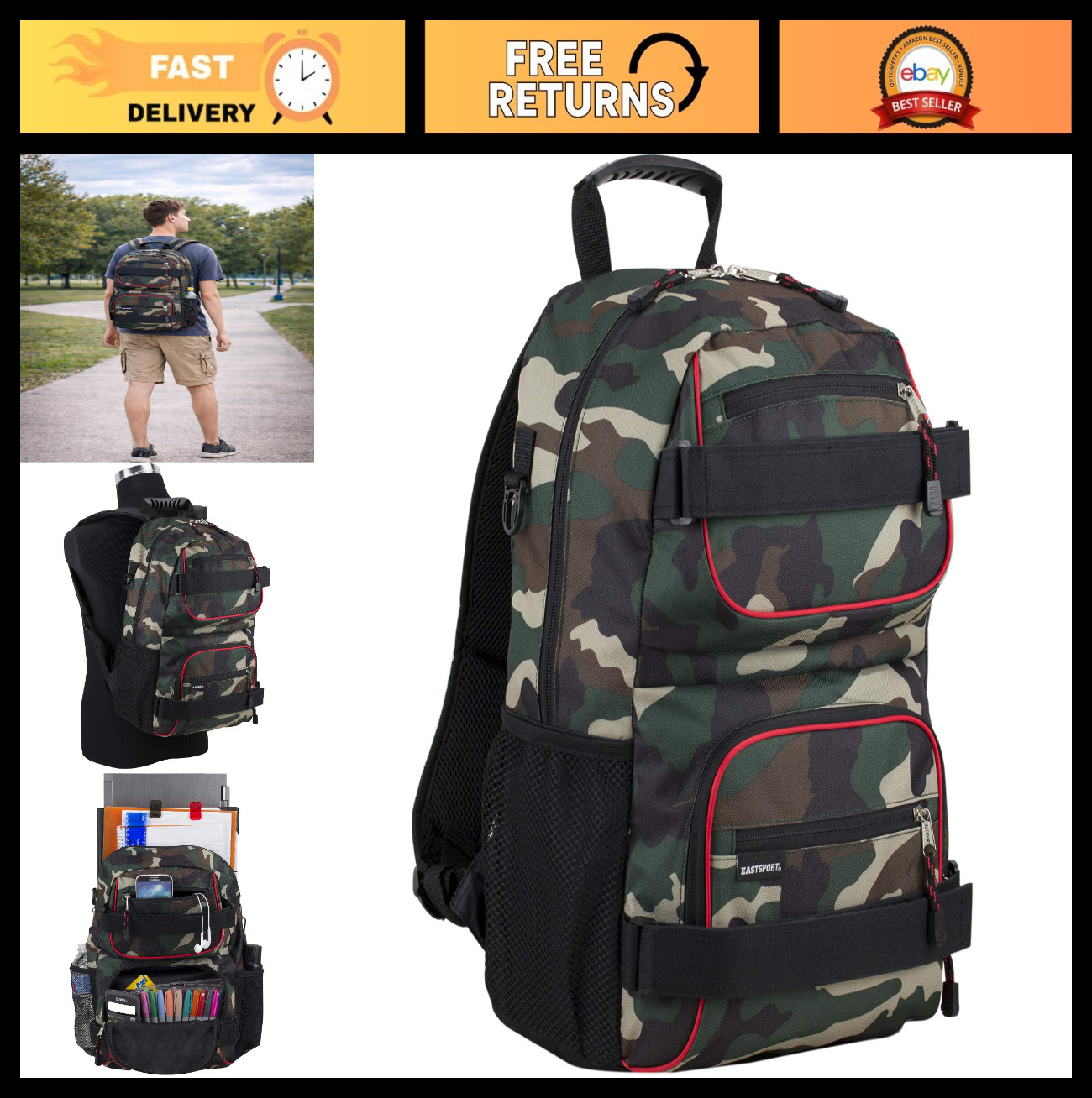 Multi-Sport Travel Backpack for Skateboards, Laptops & Gear – Unisex, Camo Desig