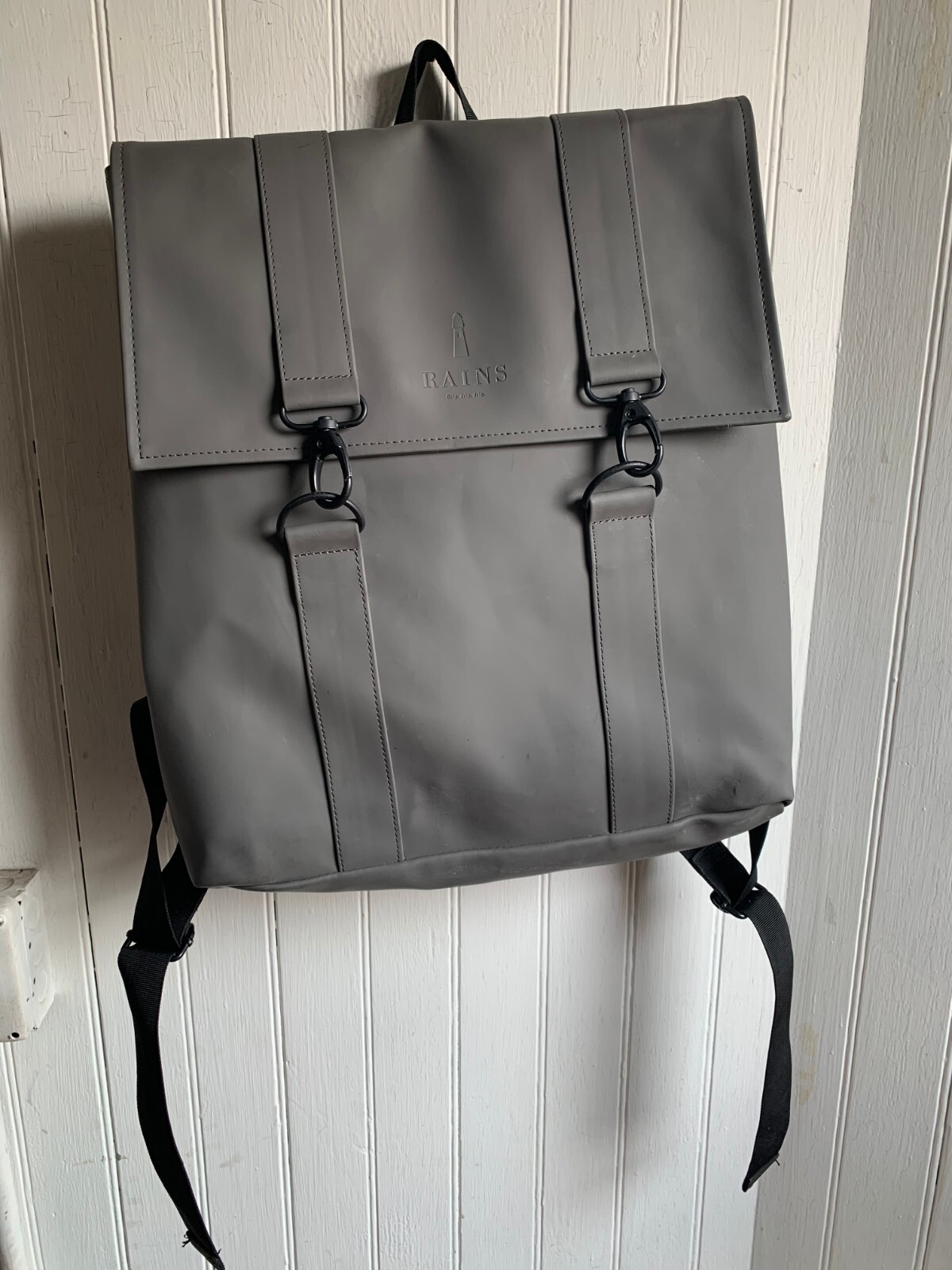Rains MSN Gray Backpack Waterproof Minimalistic Carabiner Closure Laptop Pocket