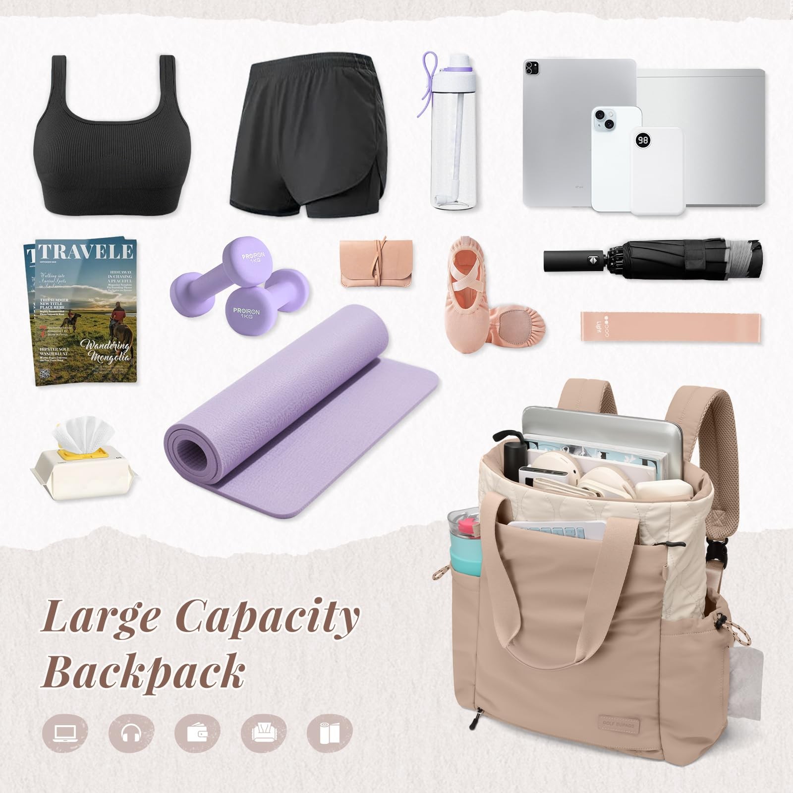 3-in-1 Laptop Tote Backpack for 15.6″ Quilted Work Gym Bag with Yoga Mat Carr…