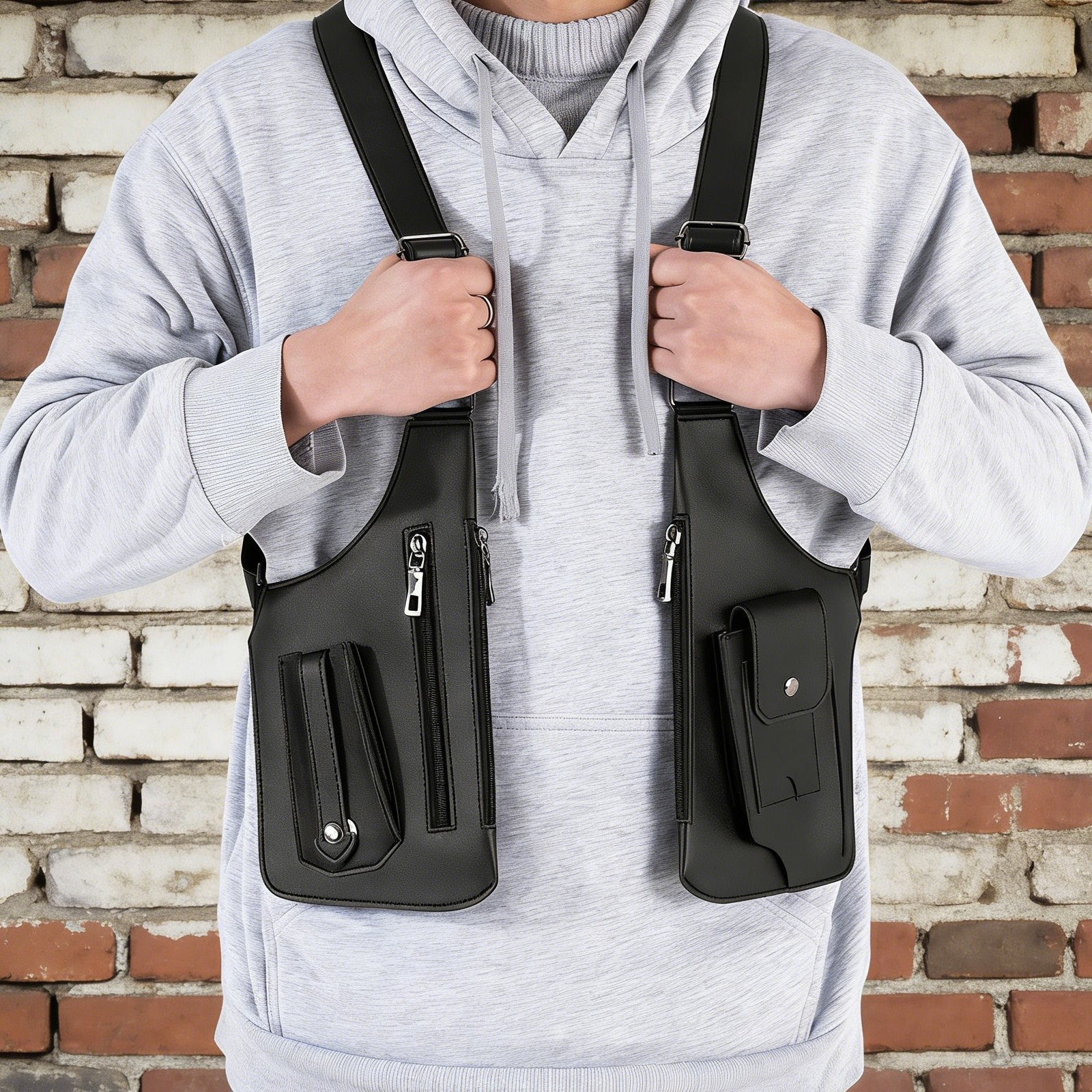 Men Double Shoulder Underarm Bag Anti Theft Holster PU Leather Travel Chest Bag