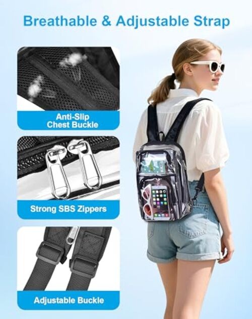 Clear Backpack Stadium Approved 12×12×6 with Breathable Shoulder Straps, Black