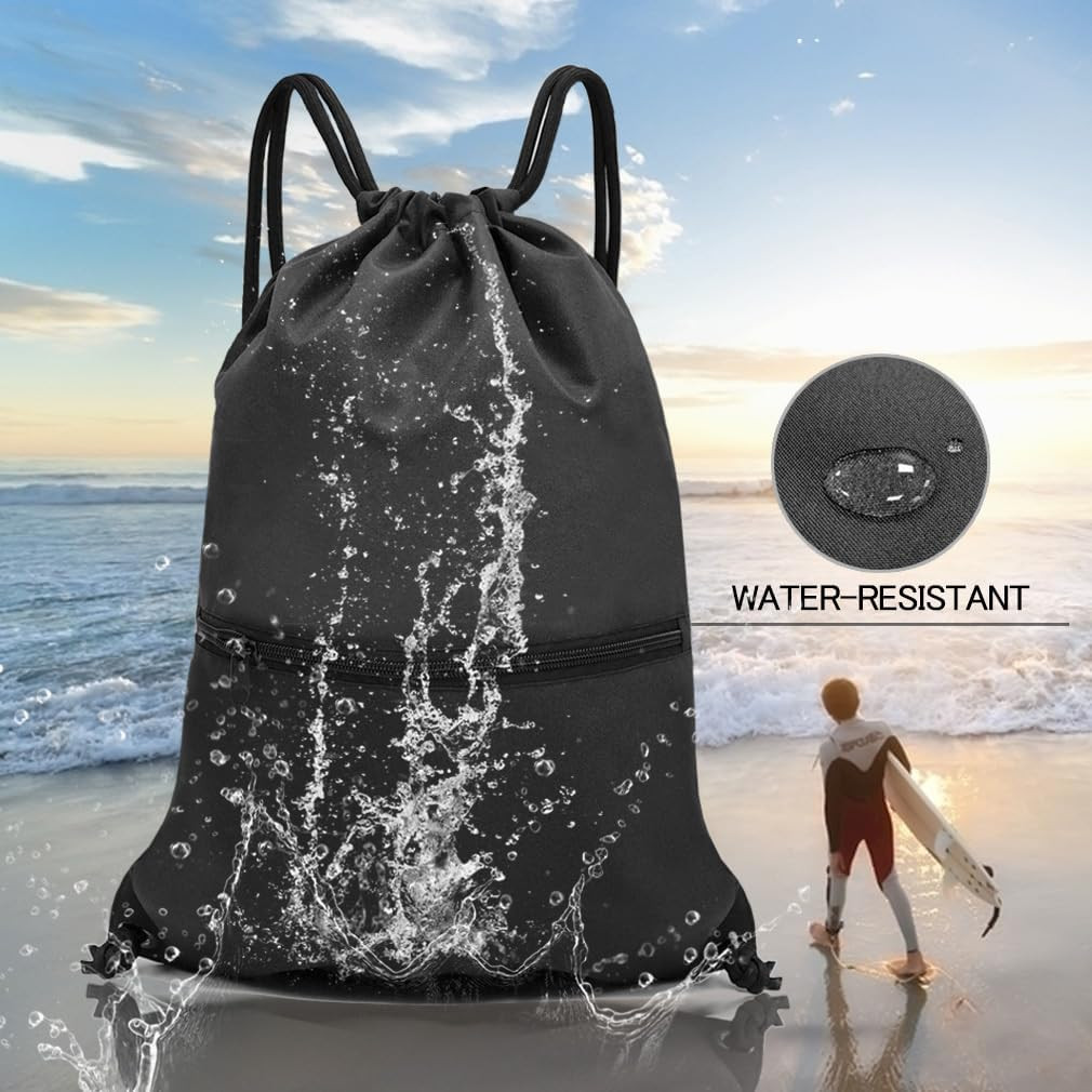 Drawstring Backpack Gym Sports Bag With Zipper Pocket Polyester Sack Ablack New