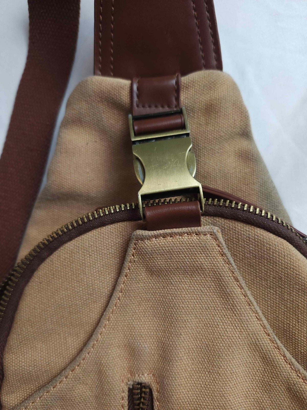 Unisex Khaki/Brown Canvas Sling Backpack Vegan Leather Trim Adjustable Strap