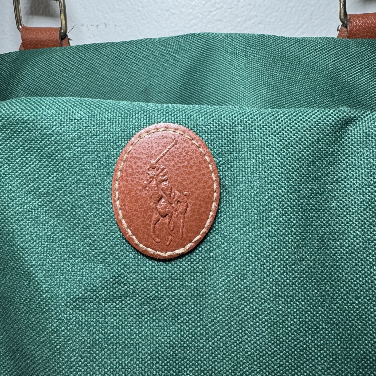 Vintage Ralph Lauren Weekender Duffel Bag Canvas Green Brown Leather Trim Travel