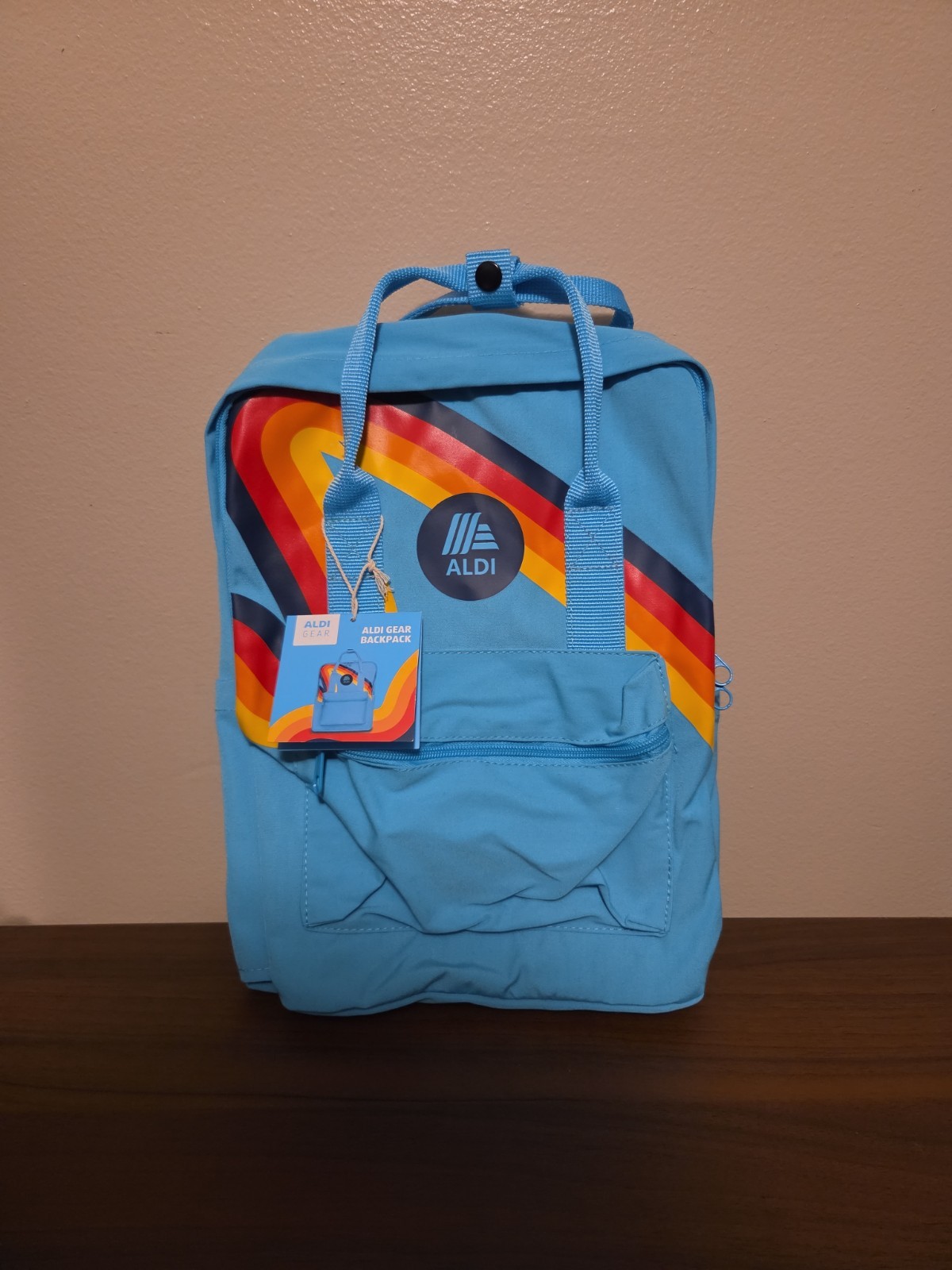 Aldi Gear Blue Rainbow Backpack with Laptop Sleeve Side Pockets Bright Logo NWT