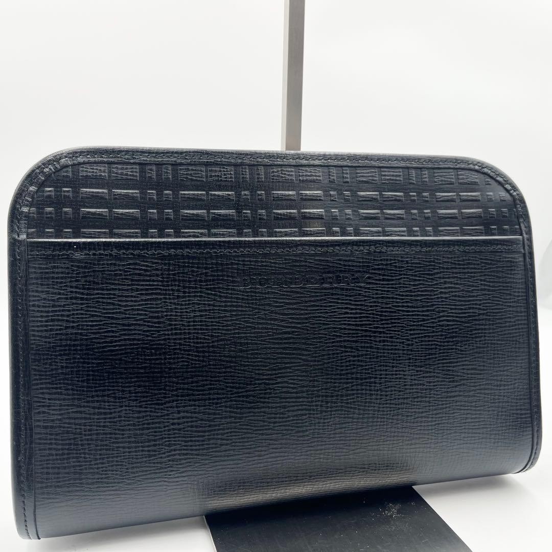 Authentic Burberry Leather Clutch Bag Nova Check Logo Embossed Black 20cm x 28cm