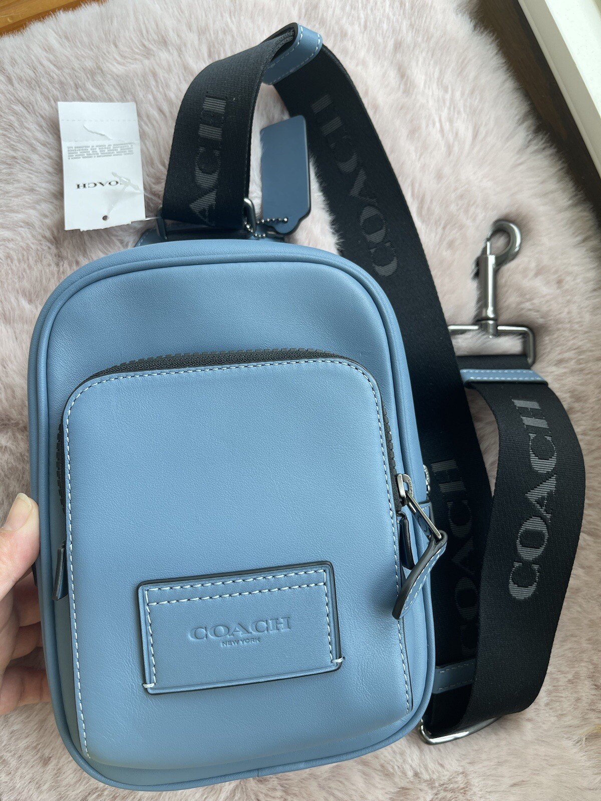 NWT! Coach Track Pack 14 In Light Mist Calf Leather Authentic Crossbody bag