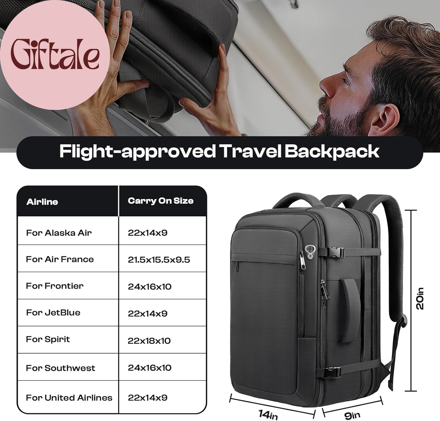 Carry on Backpack for 1-10 Days Trips, Extra Large 40L-50L Travel Backpack TSA A