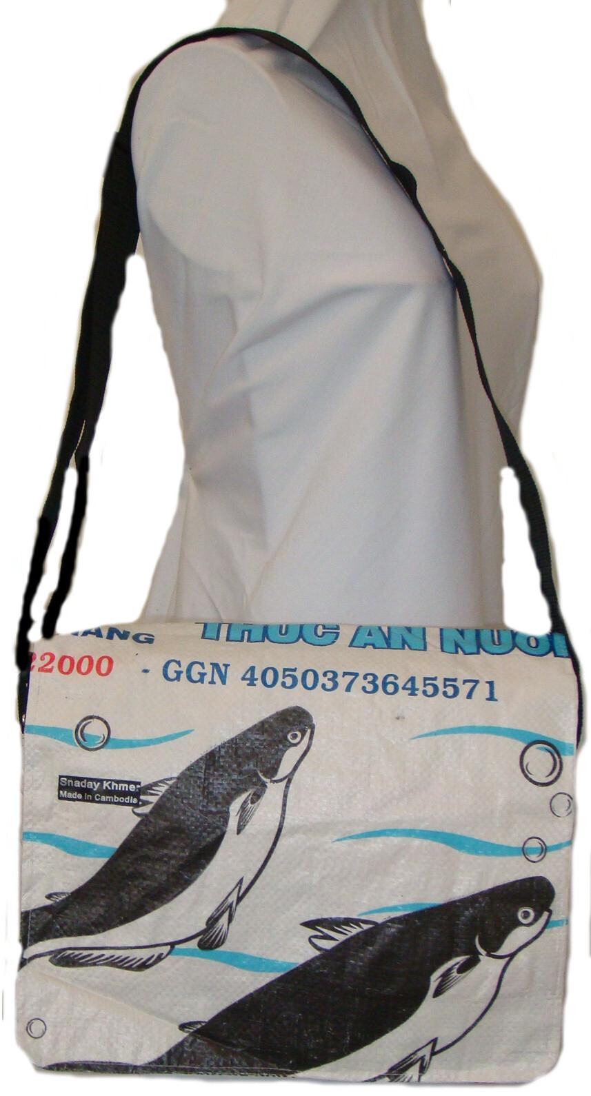 Fair Trade Recycled Fish Feed Messenger Bag Handmade in Cambodia