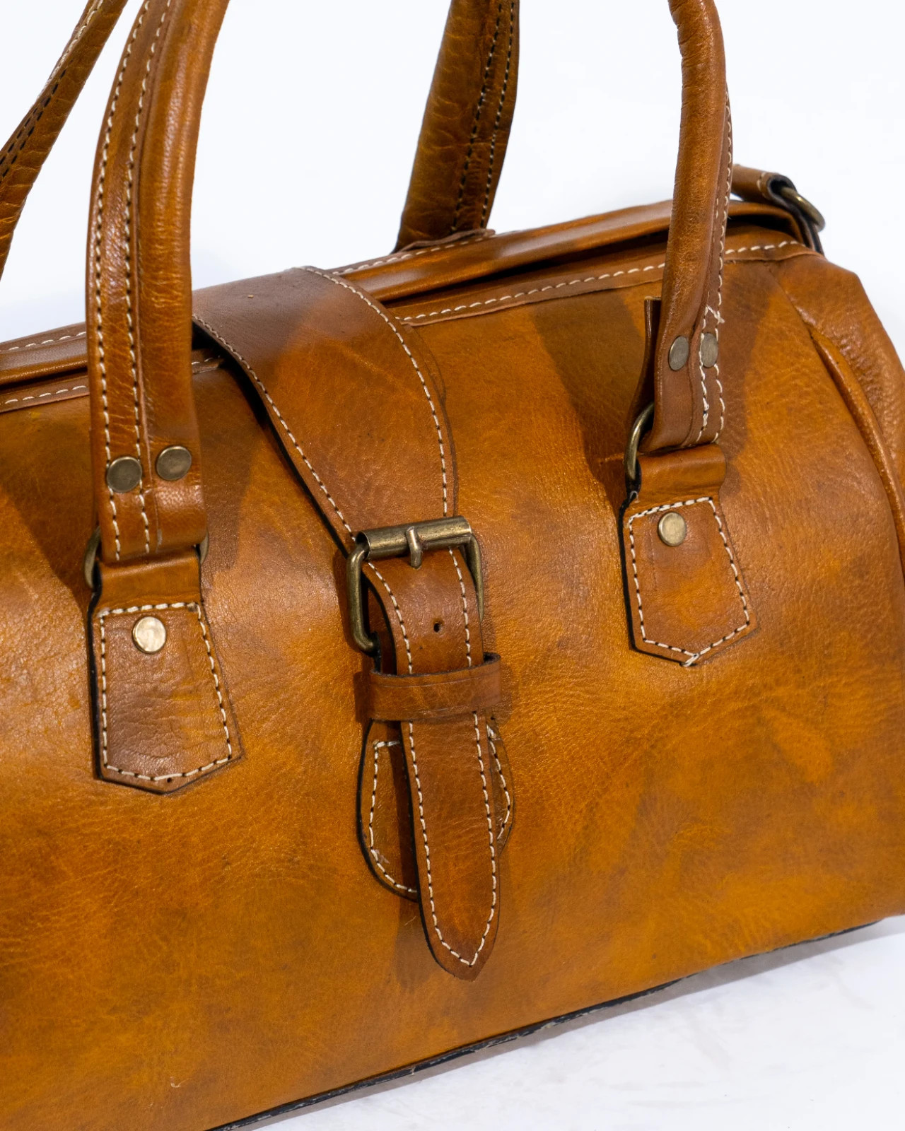 Handmade Tan Full Grain Leather Satchel Bag Women Men Buckle Top Handle