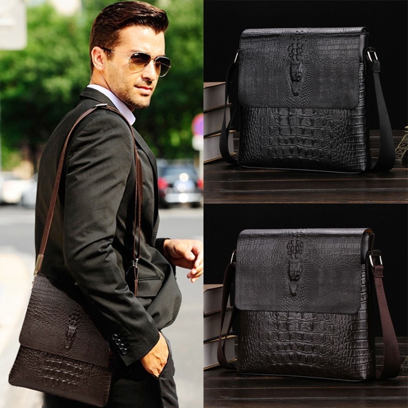 Men’s Black Crocodile Leather Crossbody Bag – 10″ Sling Shoulder Messenger Bag