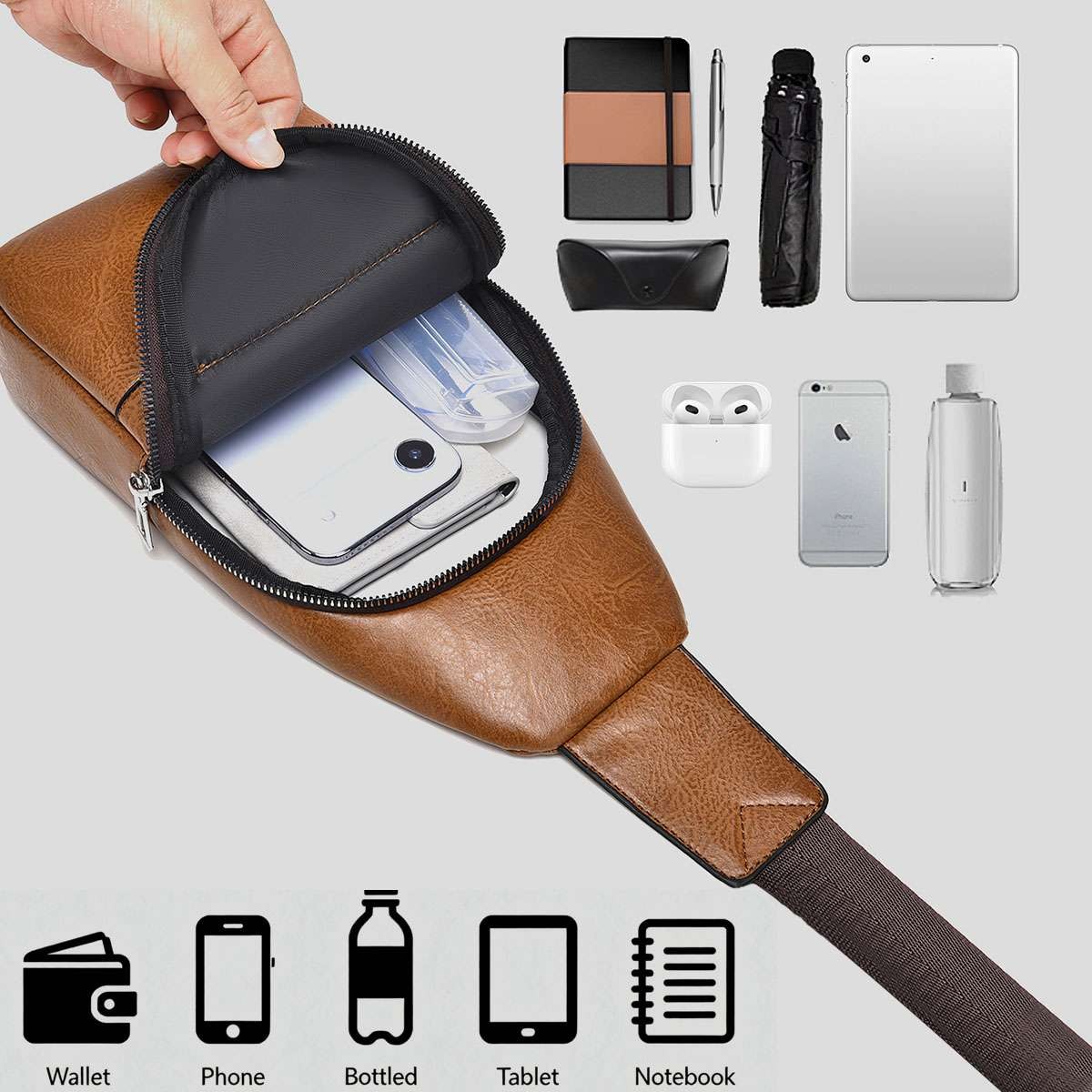 Men Leather Chest Bag Crossbody Sling Shoulder Backpack Casual Travel Pack Bag
