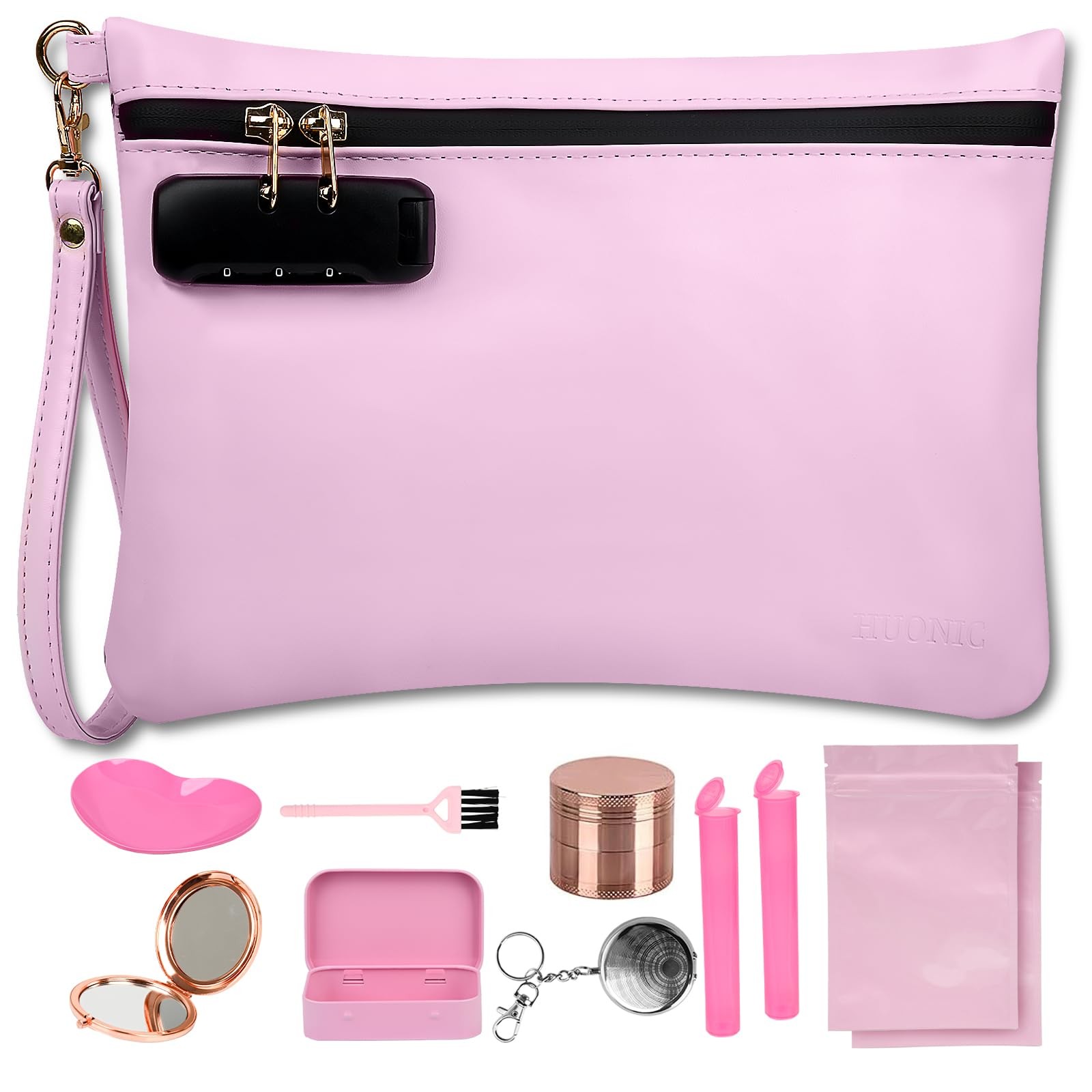 HUONIC PU Leather Travel Storage Bag with 8 PCS Accessories, Medium Size Pink