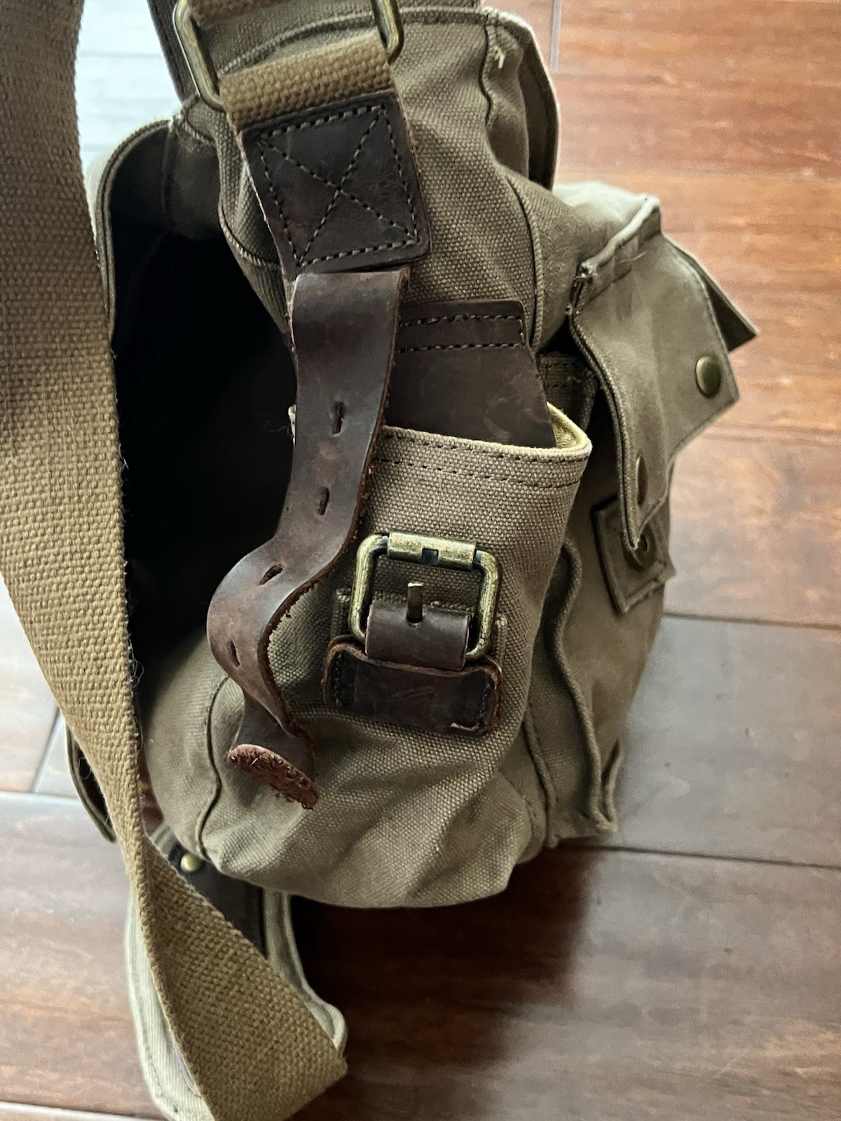 S-ZONE Brown Leather Canvas Zip Button Multi Pocket Shoulder Strap Messenger Bag