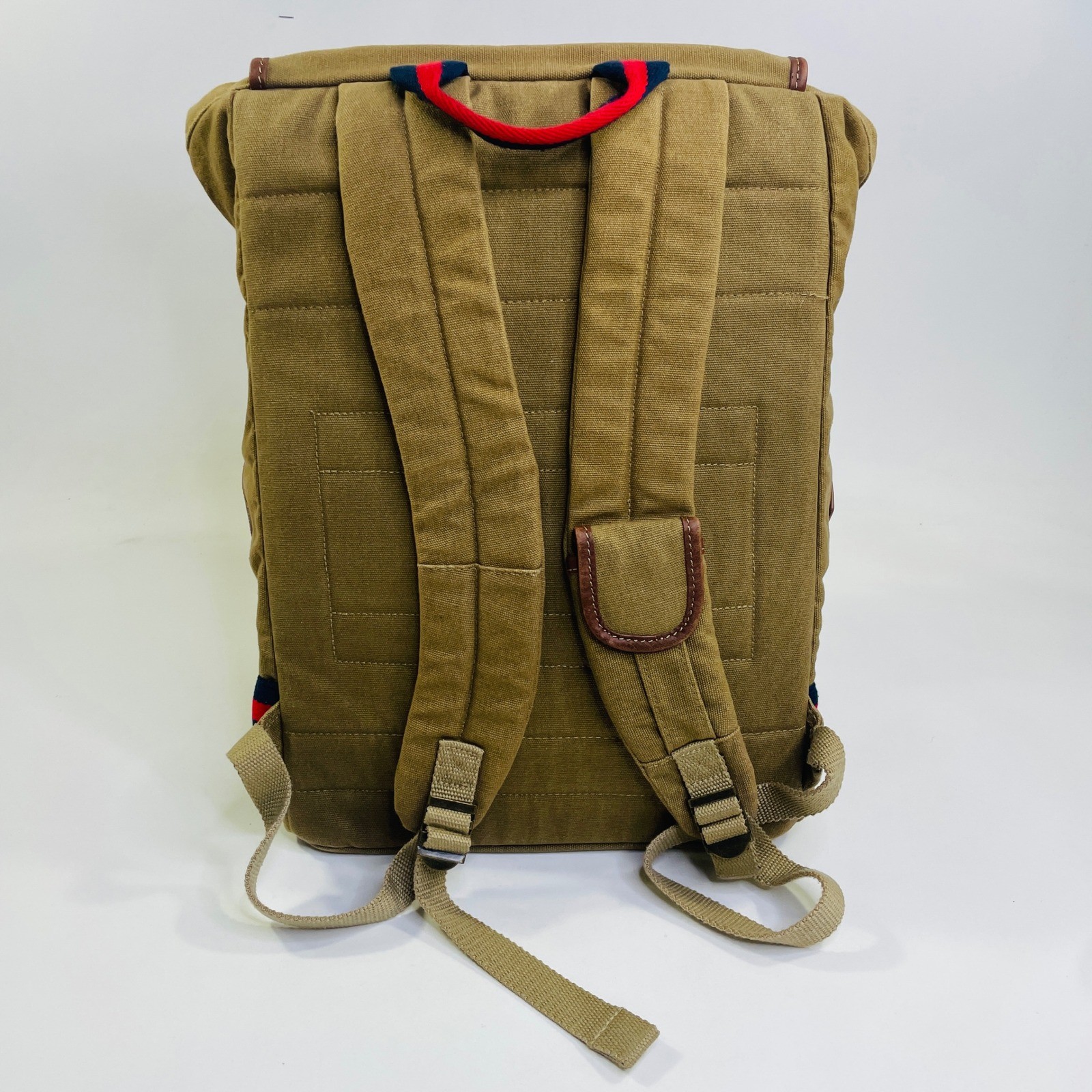 Tommy Hilfiger Canvas Rucksack Backpack Khaki Tan Brown Leather Trim Laptop Bag