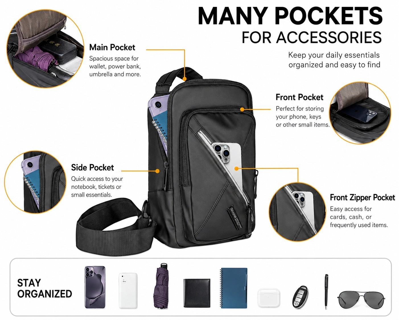 Men Women Nylon Sling Bag Backpack Crossbody Shoulder Chest Cycle Daily Travel