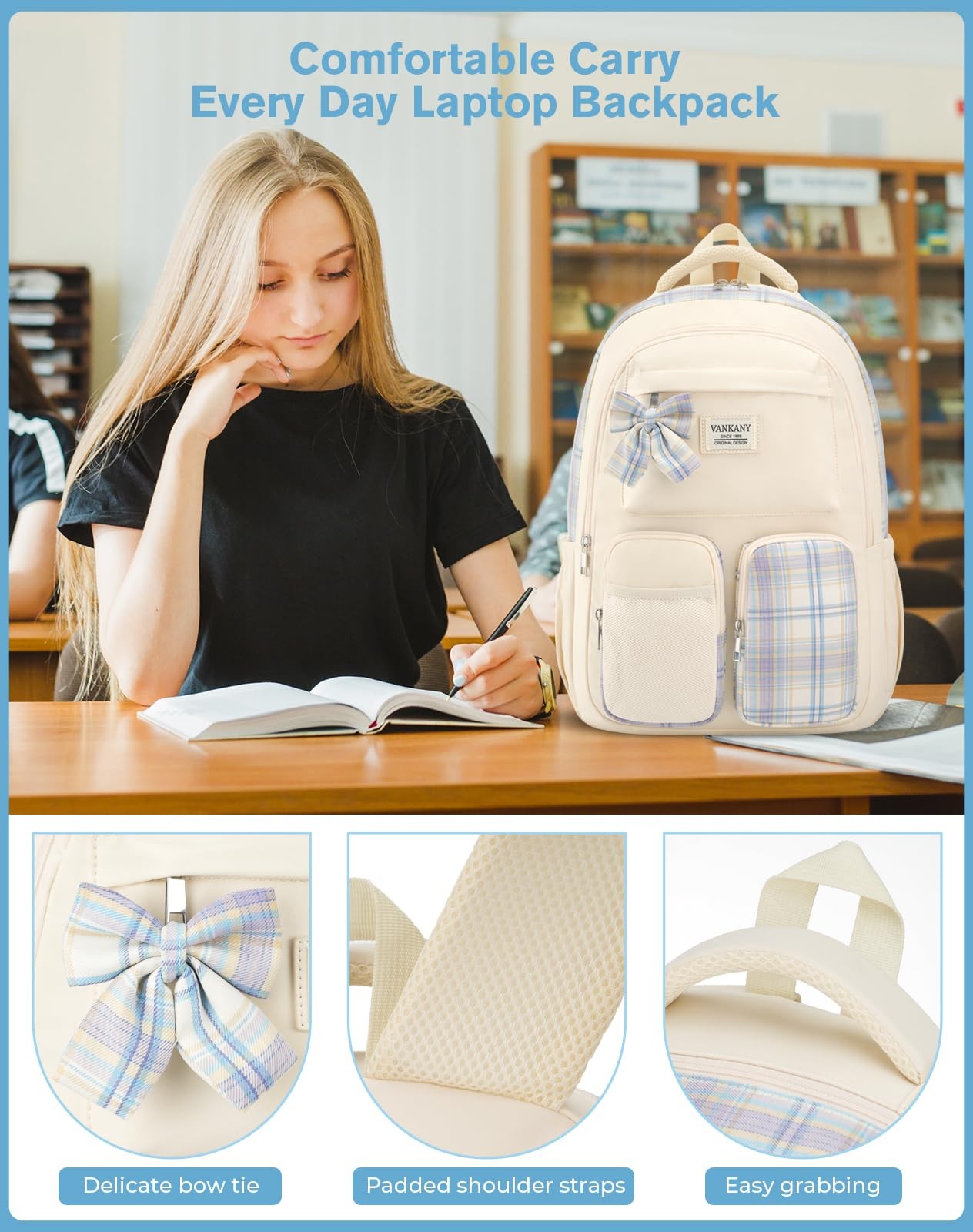 School Backpack Teen Girl Cute Bookbag Elementary High College Laptop Beige
