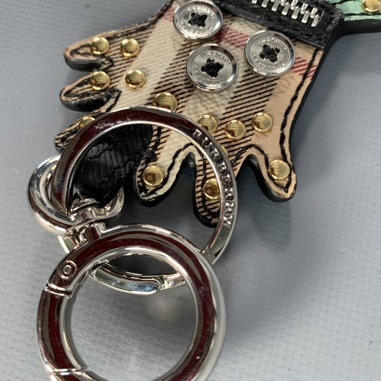 BURBERRY Multi Color Plaid Leather Metal Bag Charm