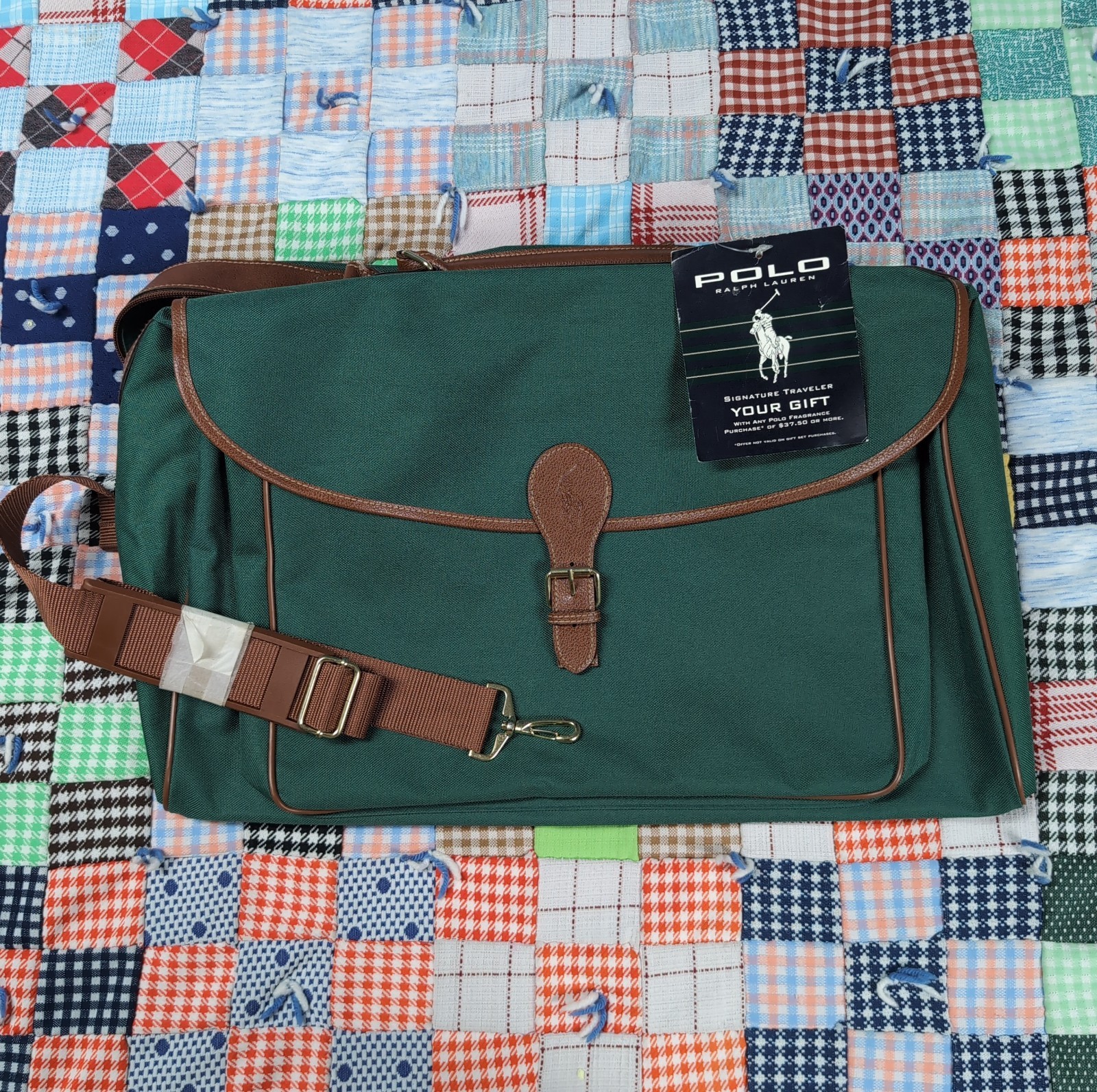 Vintage Polo Ralph Lauren Travel Bag ’90S NOS Green Brown Leather Trim