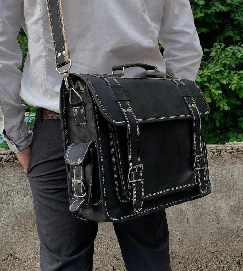 Handmade Vintage Leather Messenger Backpack Crossbody Convertible Briefcase Bag