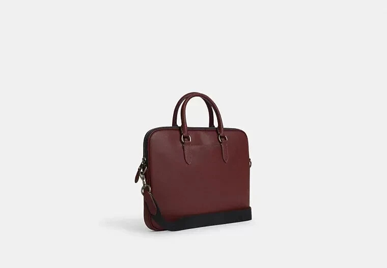 NEW Coach Liam Compact Leather Briefcase Slim Unisex WINE/black nickel Dust bag