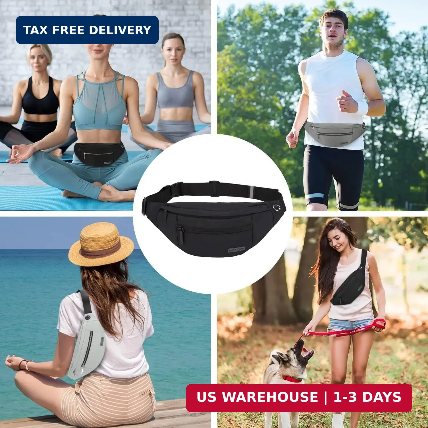 Large Crossbody Fanny Pack 4 Zipper Pockets Waist Bag Phone Wallet Travel