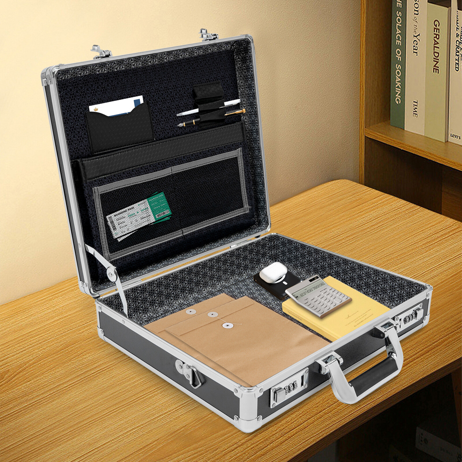 Aluminum Hard Case Big Capacity with Combination Lock Briefcase with Pocket New