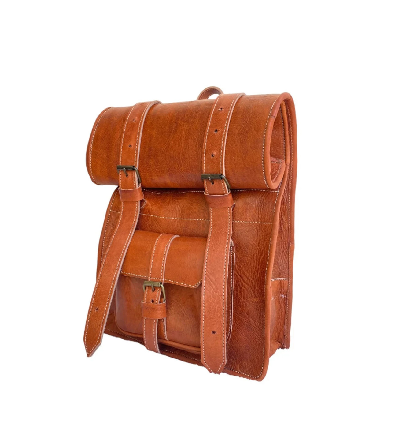 Handcrafted Genuine Leather Roll Top Bag – Cognac | 55cm | 100% Handmade