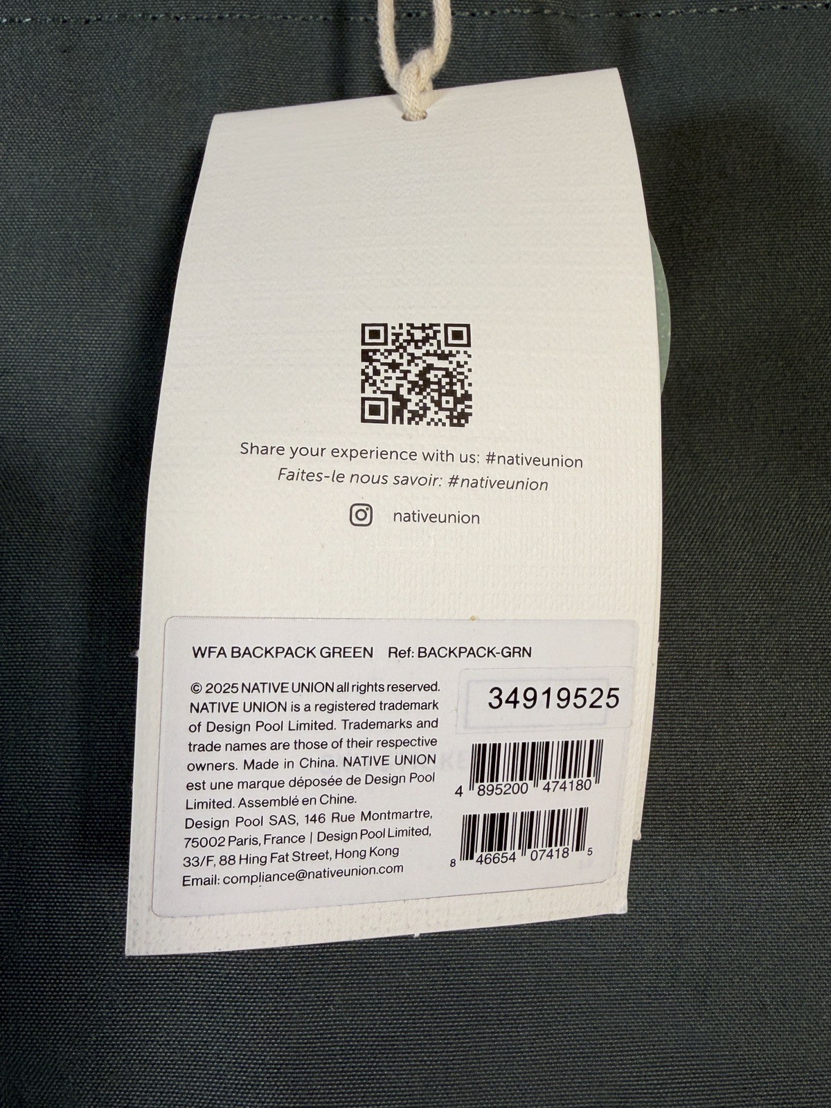Native Union WFA Tote Backpack Slate Green – 20L up to 16″ Laptop – New w/ Tags