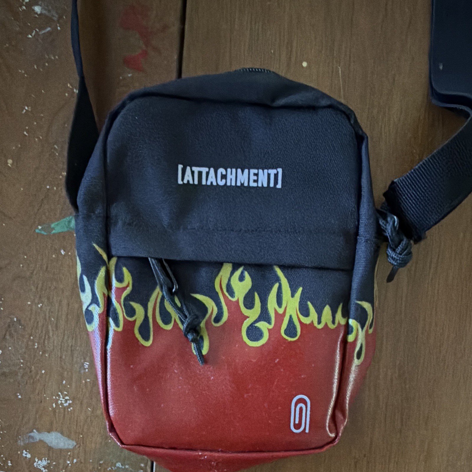 Attachment Flame Print Crossbody Bag Small Black Red Yellow Zip Adjustable Strap