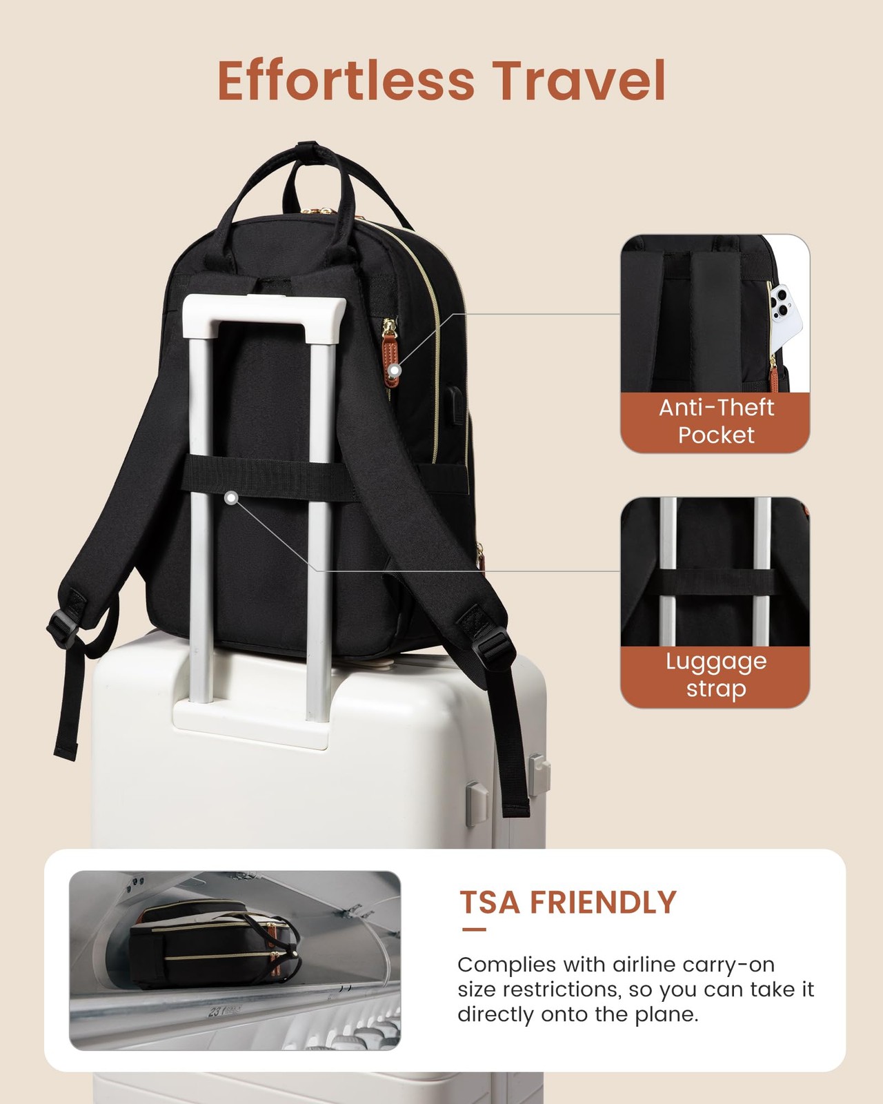 LOVEVOOK 15.6in Waterproof Laptop Backpack Women USB Bag Beige~Black~Brown
