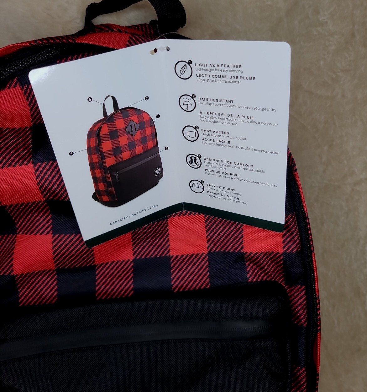 Roots Canada Feather-Weight Buffalo Plaid Backpack Water Resistant New With Tags