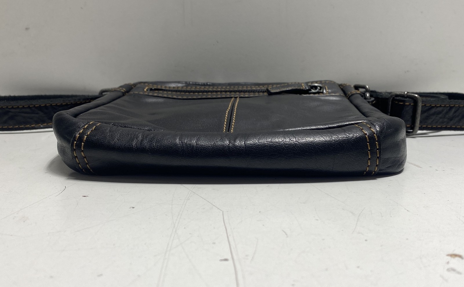 Jack Georges Black Leather North South Crossbody Messenger Bag Tan Stitching