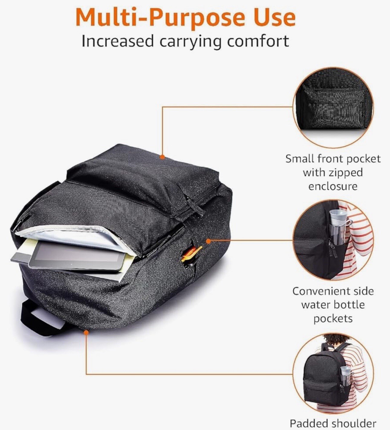 Amazon Basics Classic School Lightweight Double-Zipper Closure Backpack Black