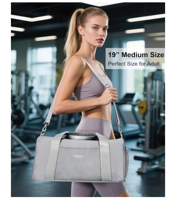 19-inch Medium Neutral Grey Gym Bag, Shoe Compartment, Wet Pocket, Duffle