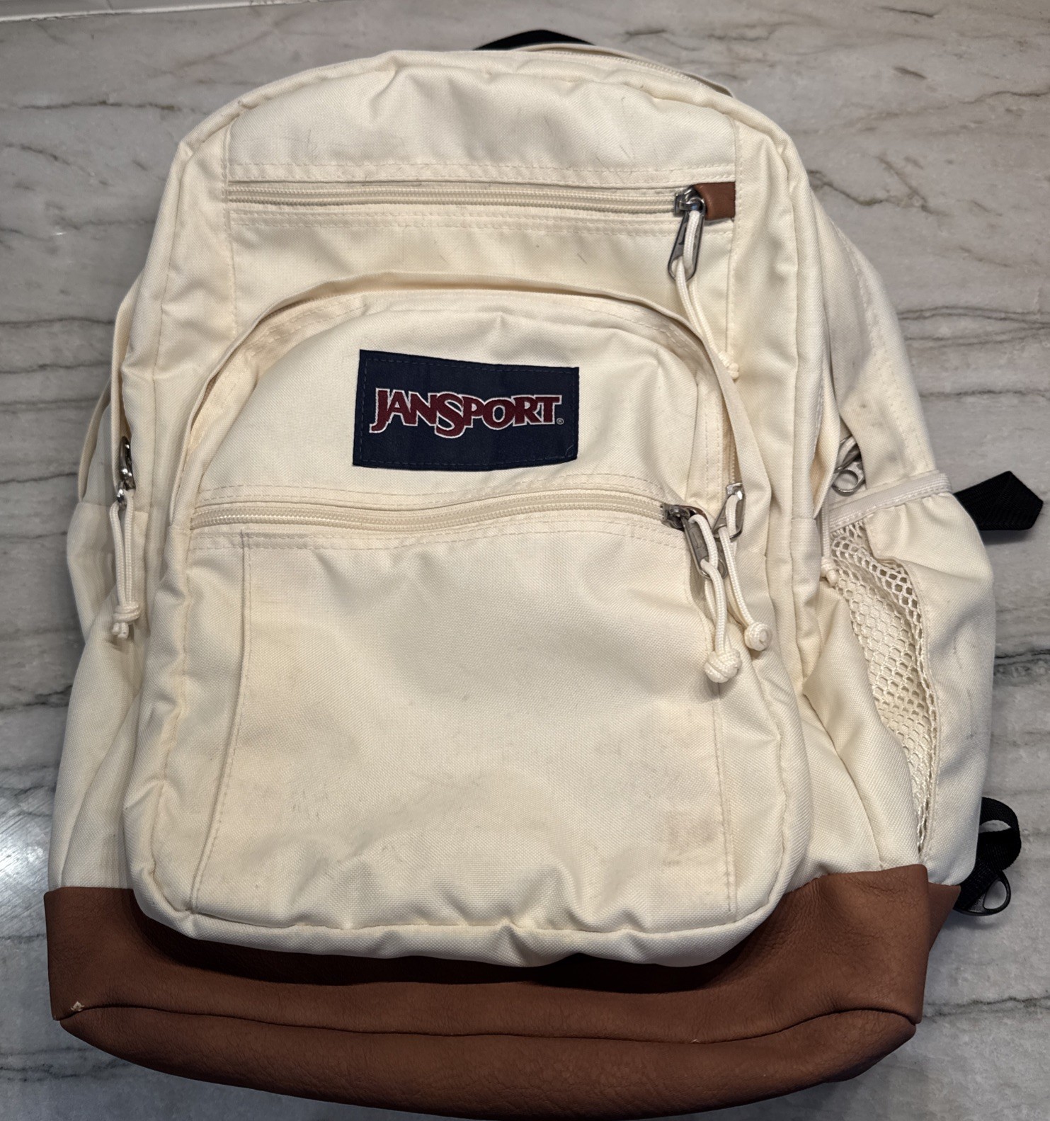 Jansport USA School Backpack Book Bag Brown Leather Bottom Ivory Back To School