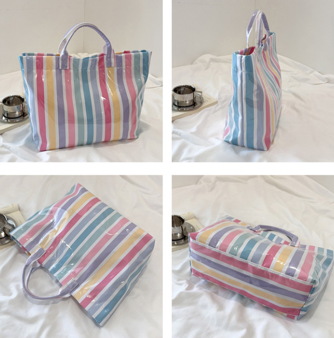 Womens Striped PVC Tote Bag Large Capacity Glossy Shopper Handbag Commuter