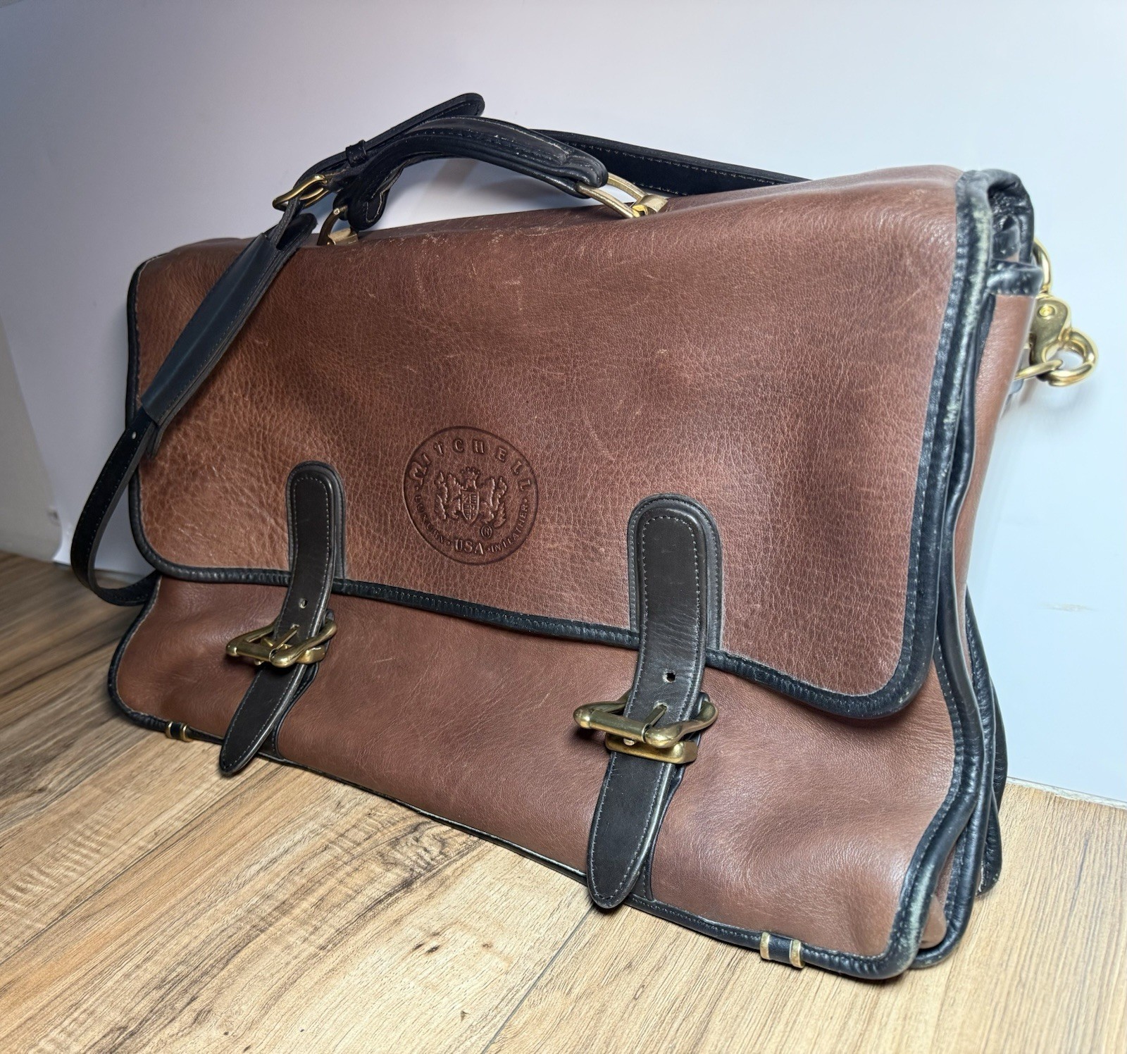 Mitchell USA Men’s Vintage Brown Leather Briefcase w Shoulder Strap Signed 17×12