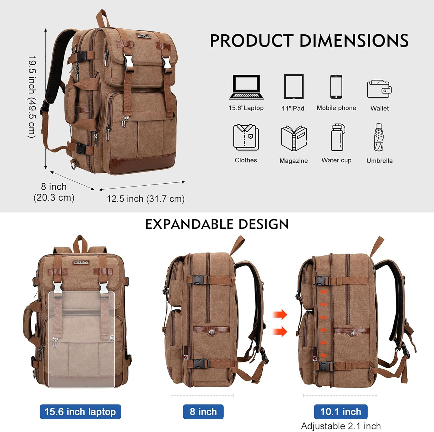 Canvas Travel Backpack for Men Large Laptop Backpack Fit 16 Inch Carry-On Airlin